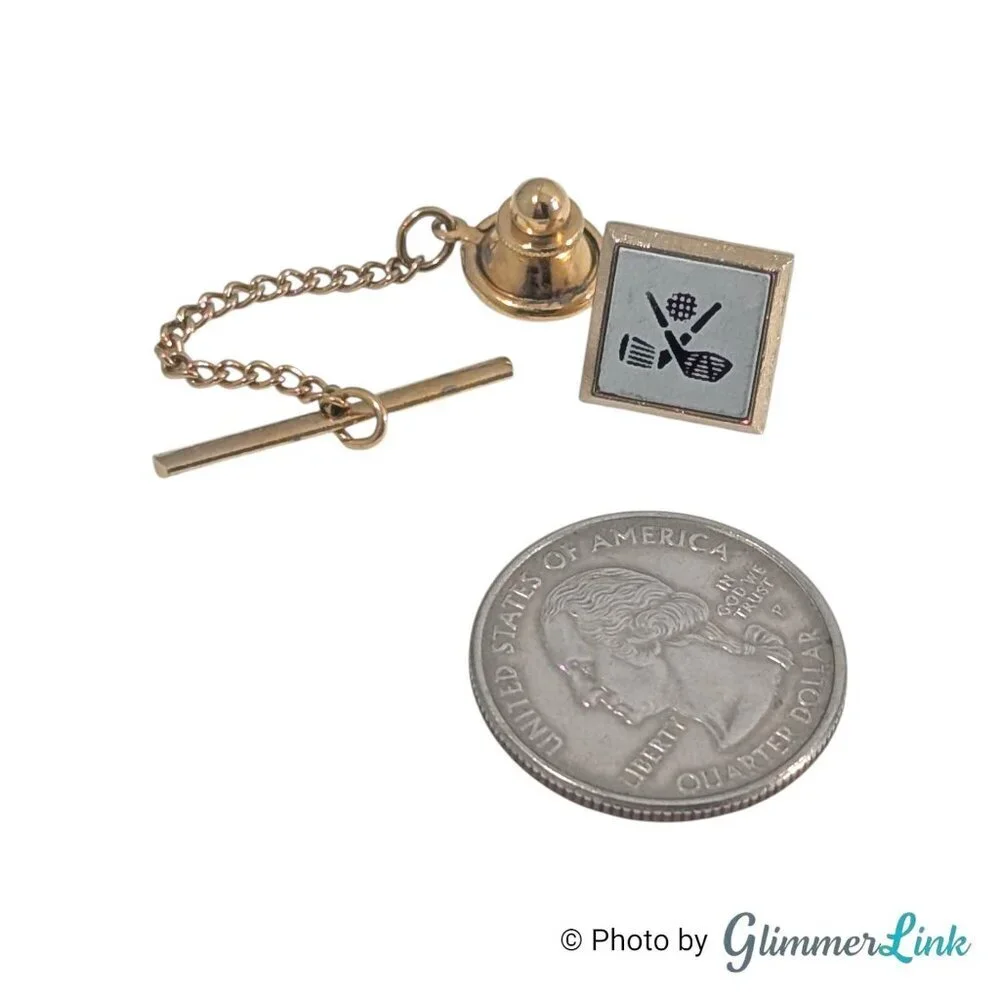 Vintage Swank Two Tone Golf Clubs & Ball Square Tie Tack Pin with Chain